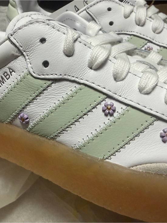 adidas Shoes - Adidas Samba White Leather Sneakers with Mint Stripes & Lilac Flower Accents NWT